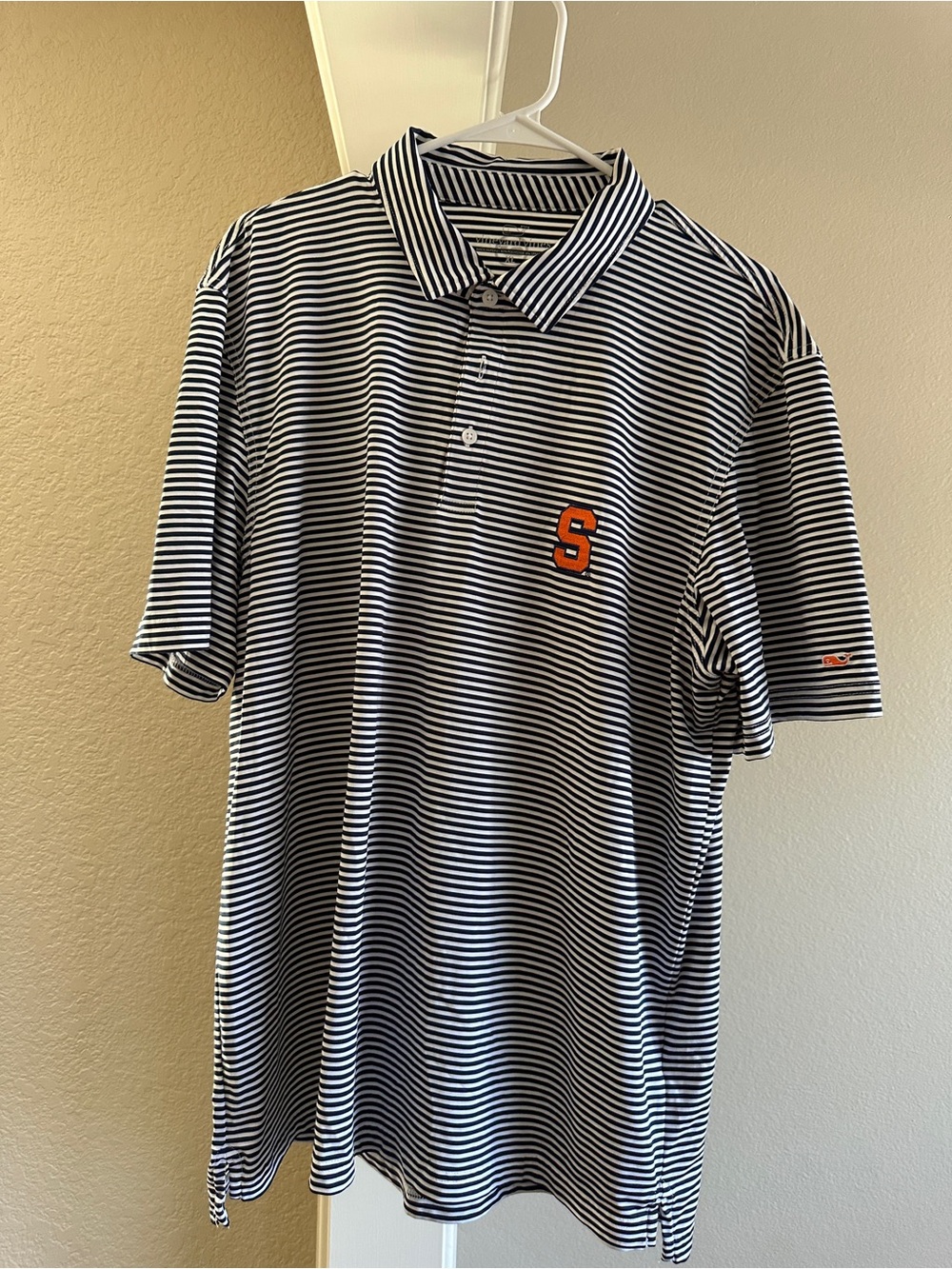 Vineyard Vines Black & White Striped Polo with Orange 'S' Logo